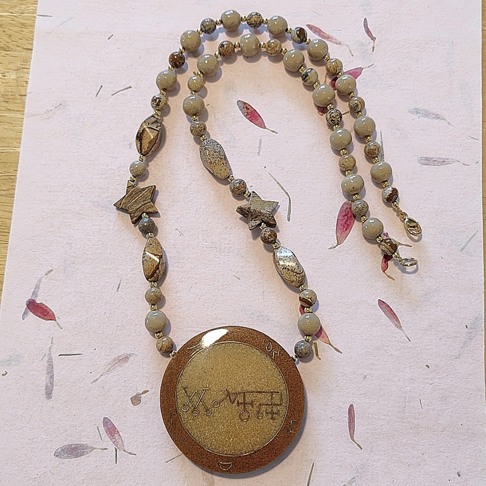 Lee Sands Gold Tone Jasper Necklace with Medallion Pendant Brand New in Box.